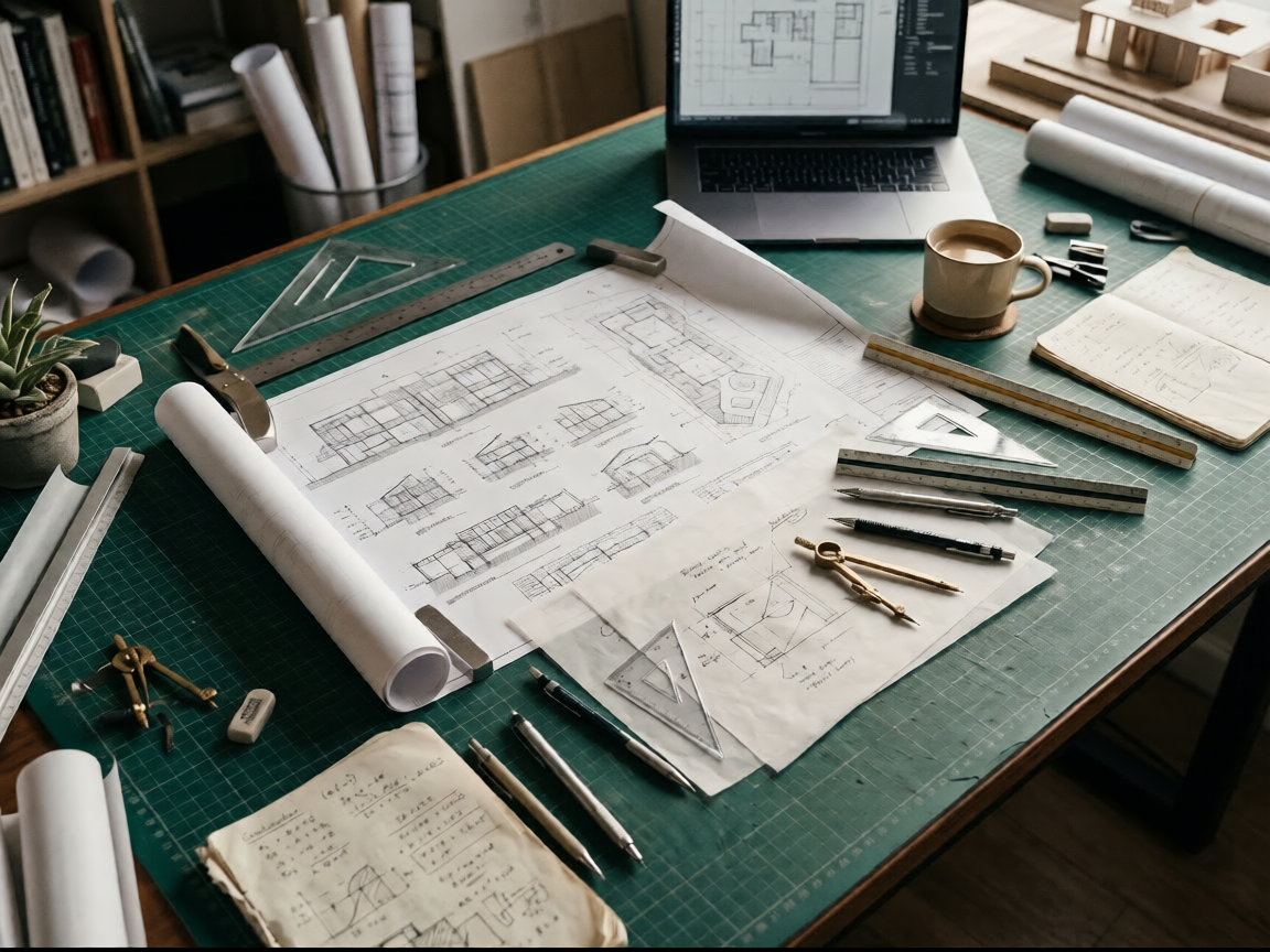 Architectural plans and drafting tools on a workspace with a laptop